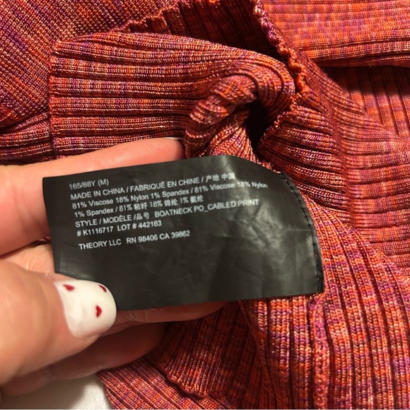 Theory Cabled Print Ribbed Boat Neck Sweater Top SUNSET MULTI Size M - Picture 11 of 11